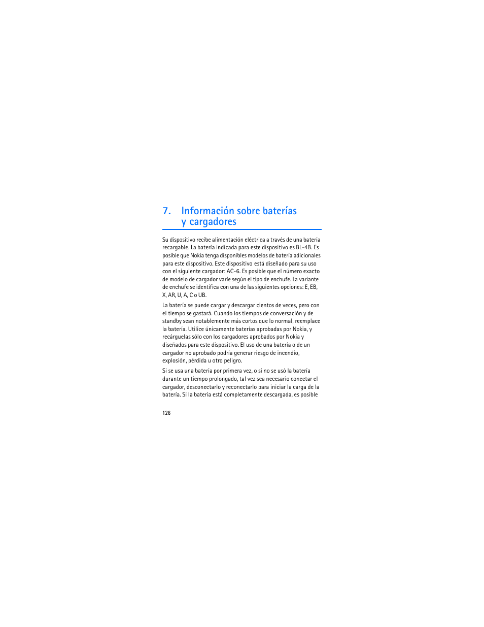 Información sobre baterías ycargadores, Información sobre baterías y cargadores | Nokia 3606 User Manual | Page 127 / 153