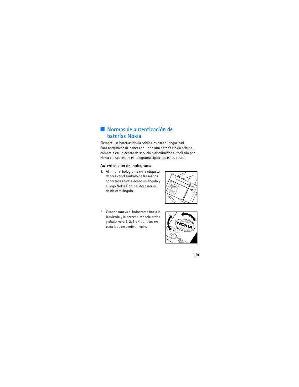 Normas de autenticación de bateríasnokia, Normas de autenticación de baterías nokia | Nokia 3606 User Manual | Page 130 / 153