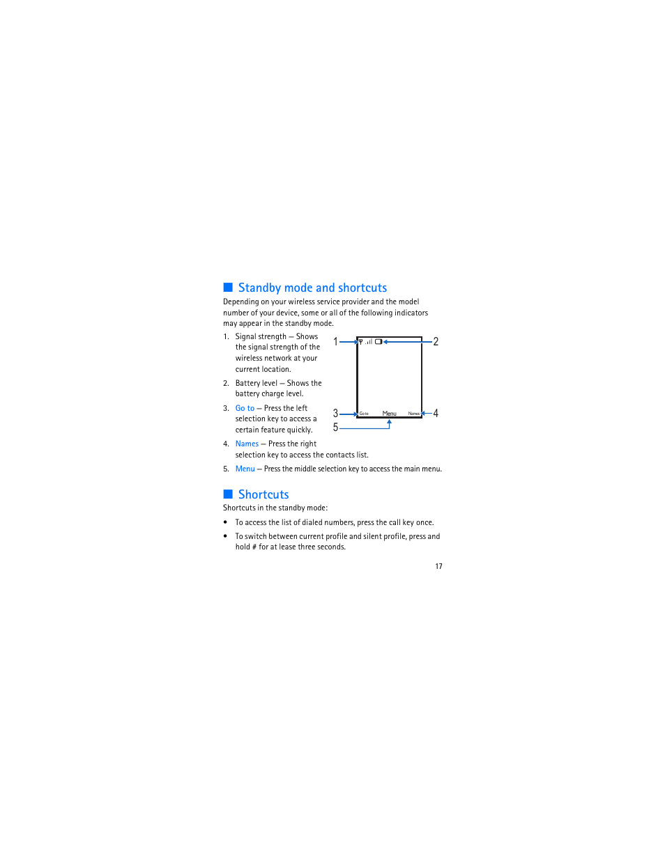 Standby mode and shortcuts, Shortcuts, Standby mode and shortcuts shortcuts | Nokia 3606 User Manual | Page 18 / 153