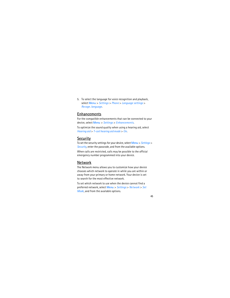 Enhancements, Security, Network | Nokia 3606 User Manual | Page 46 / 153