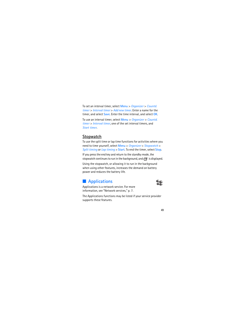 Applications, Stopwatch | Nokia 3606 User Manual | Page 50 / 153