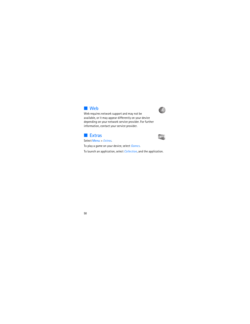 Extras, Web extras | Nokia 3606 User Manual | Page 51 / 153
