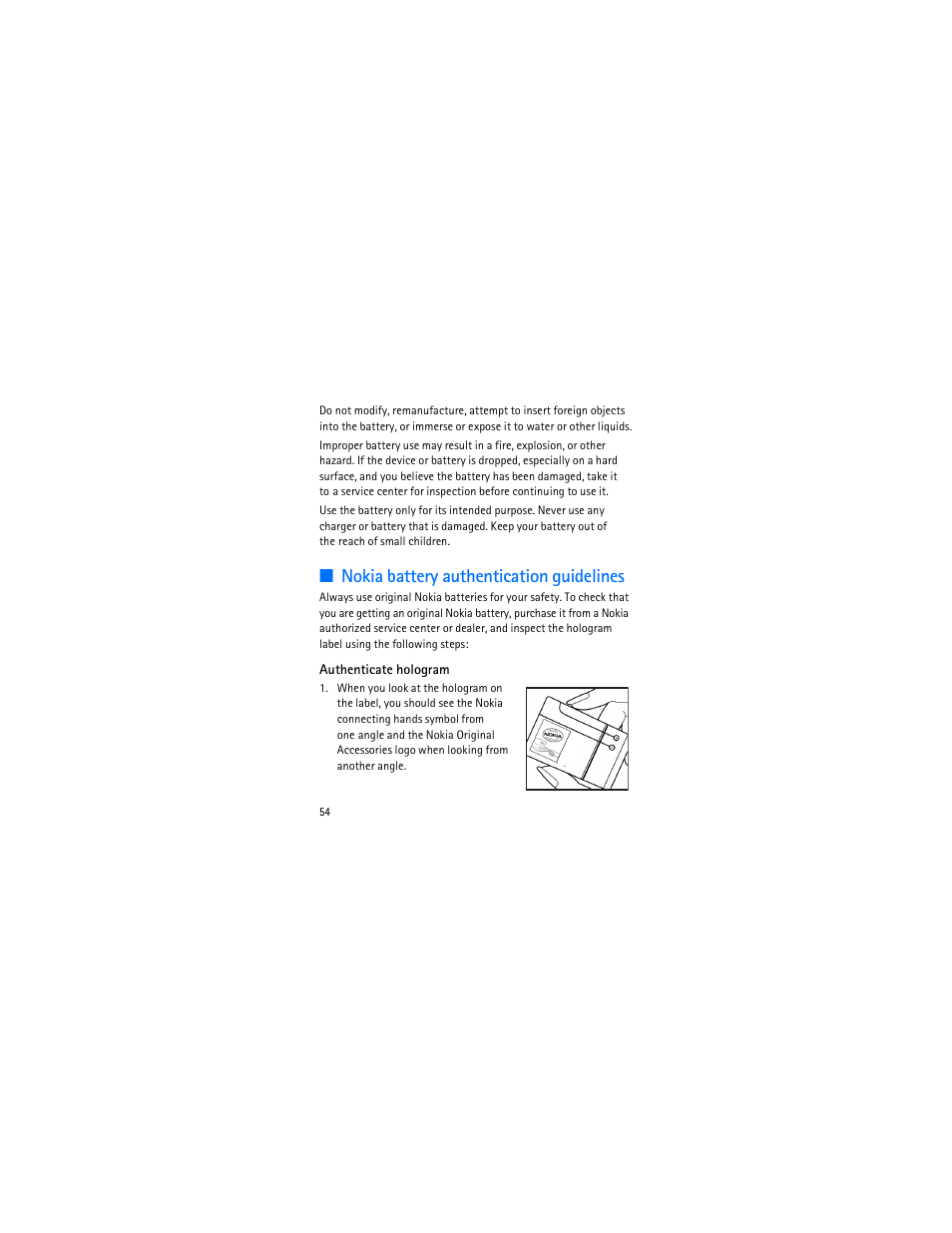 Nokia battery authentication guidelines | Nokia 3606 User Manual | Page 55 / 153