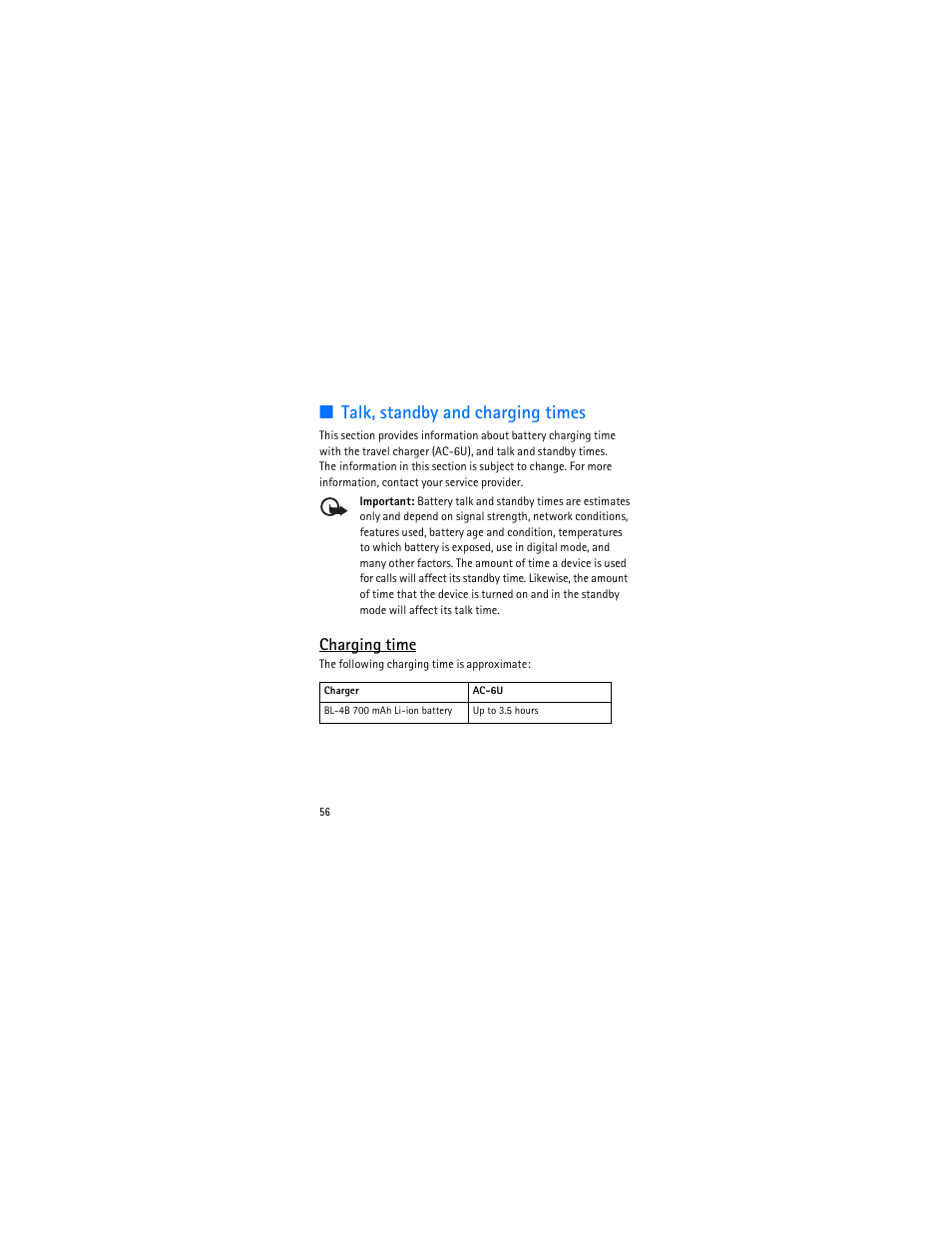 Talk, standby and charging times, Charging time | Nokia 3606 User Manual | Page 57 / 153