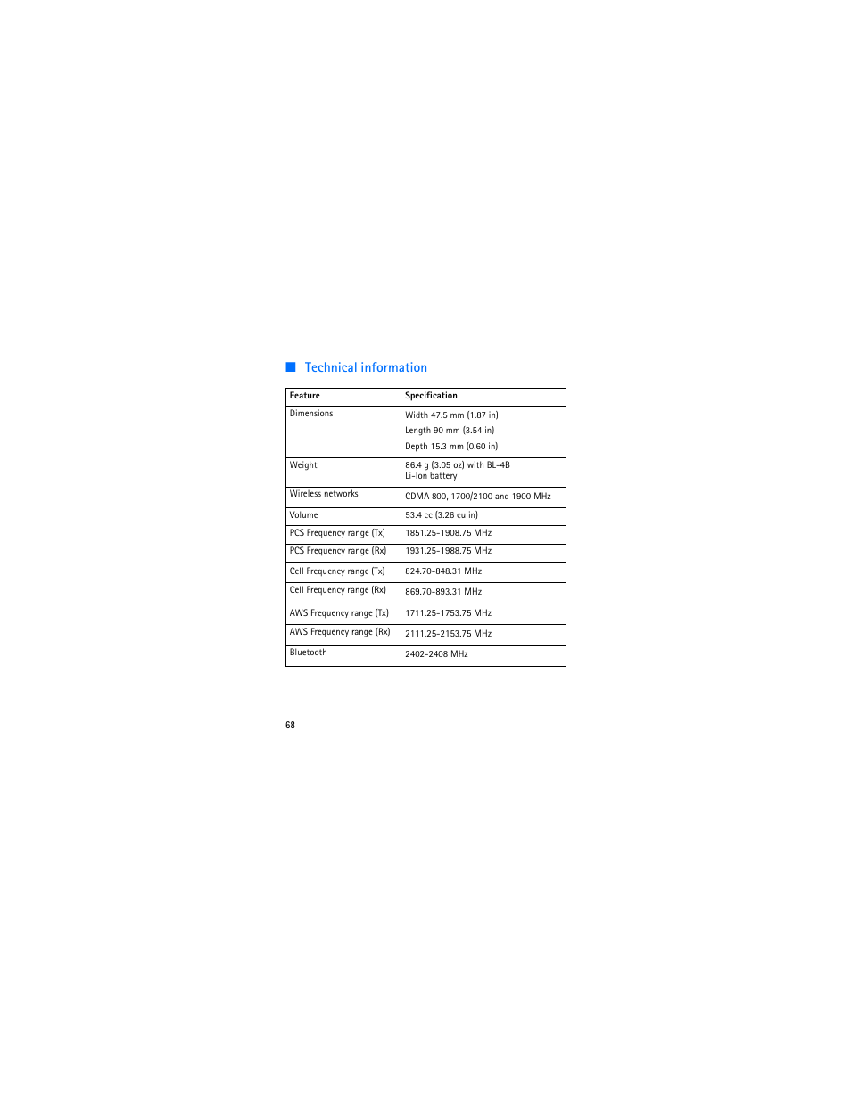 Technical information | Nokia 3606 User Manual | Page 69 / 153