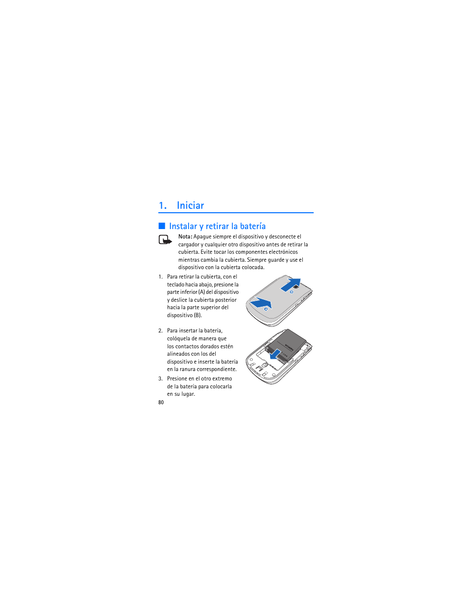 Iniciar, Instalar y retirar la batería | Nokia 3606 User Manual | Page 81 / 153