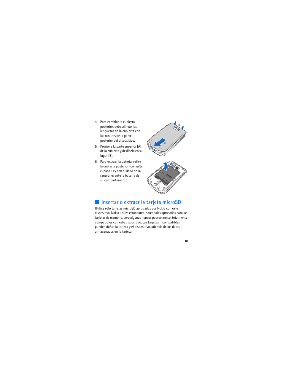 Insertar o extraer la tarjeta microsd | Nokia 3606 User Manual | Page 82 / 153