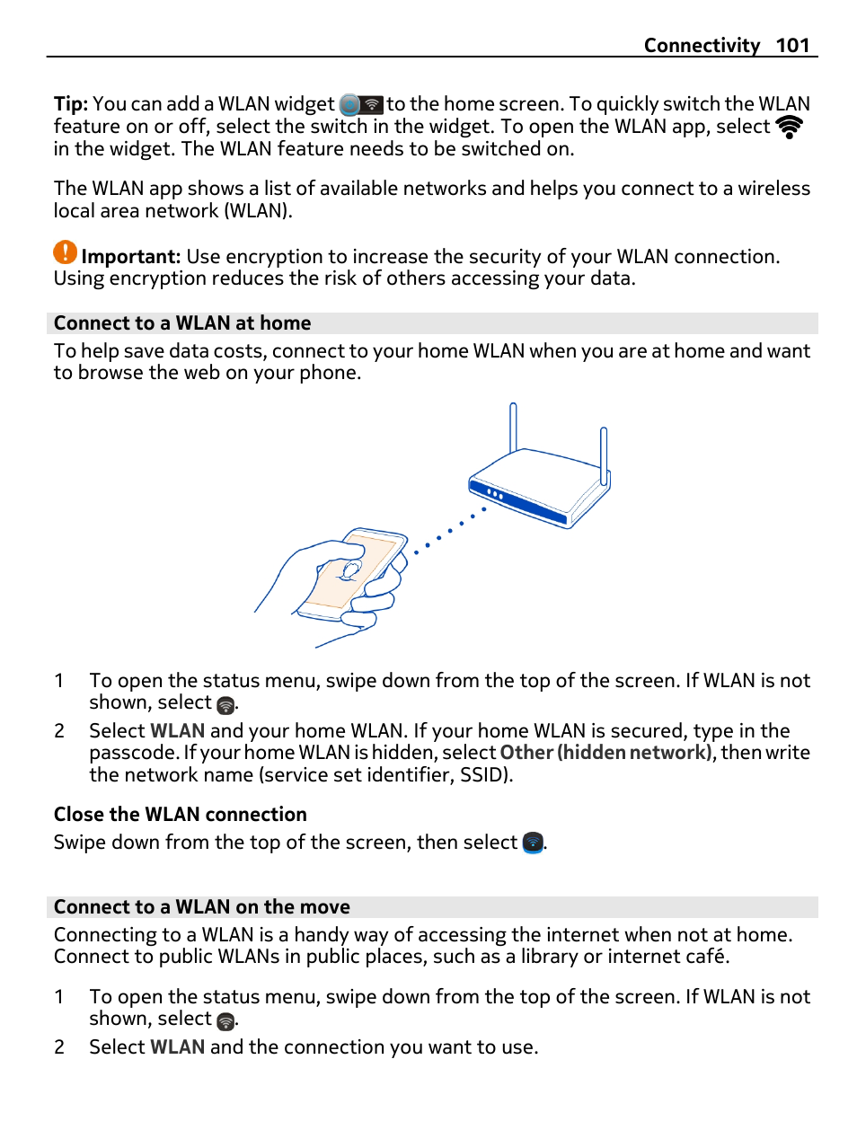 Connect to a wlan at home, Connect to a wlan on the move | Nokia X7-00 User Manual | Page 101 / 128