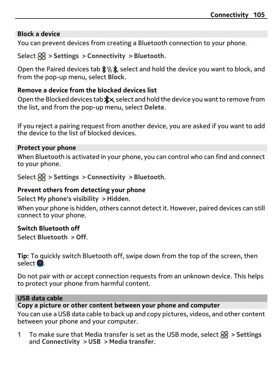 Block a device, Protect your phone, Usb data cable | Nokia X7-00 User Manual | Page 105 / 128