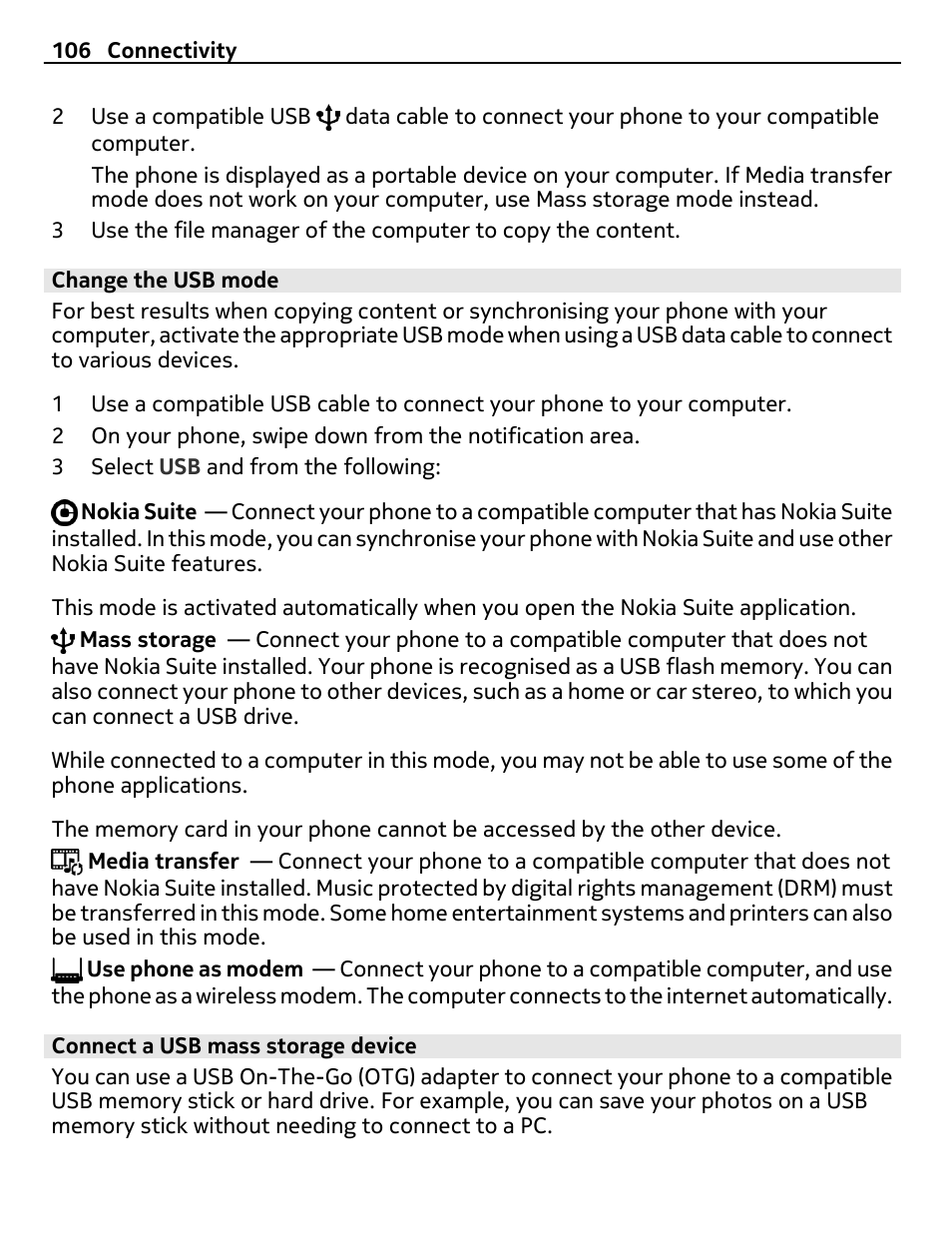 Change the usb mode, Connect a usb mass storage device | Nokia X7-00 User Manual | Page 106 / 128