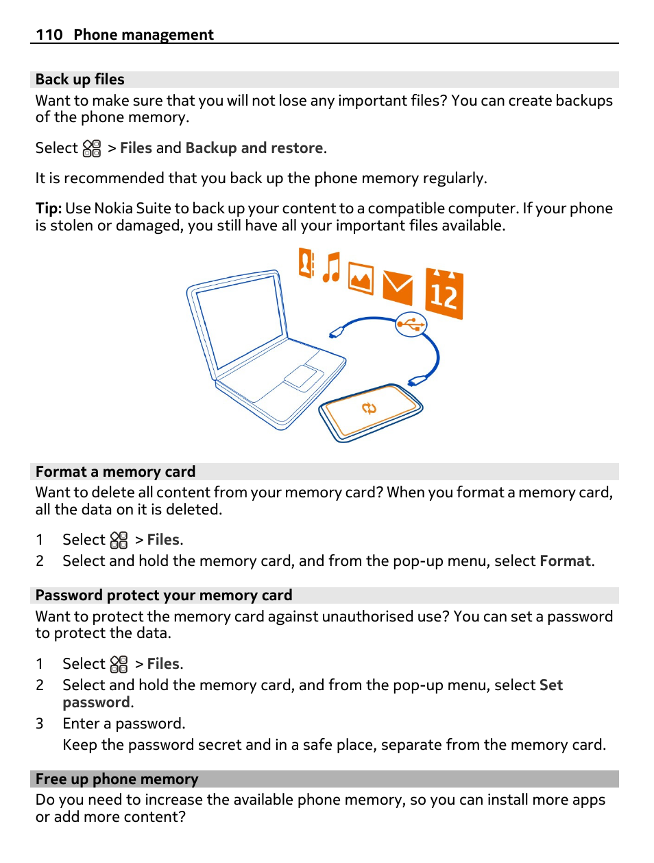 Back up files, Format a memory card, Password protect your memory card | Free up phone memory | Nokia X7-00 User Manual | Page 110 / 128