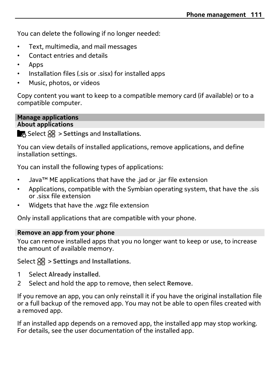 Manage applications, About applications, Remove an app from your phone | Nokia X7-00 User Manual | Page 111 / 128