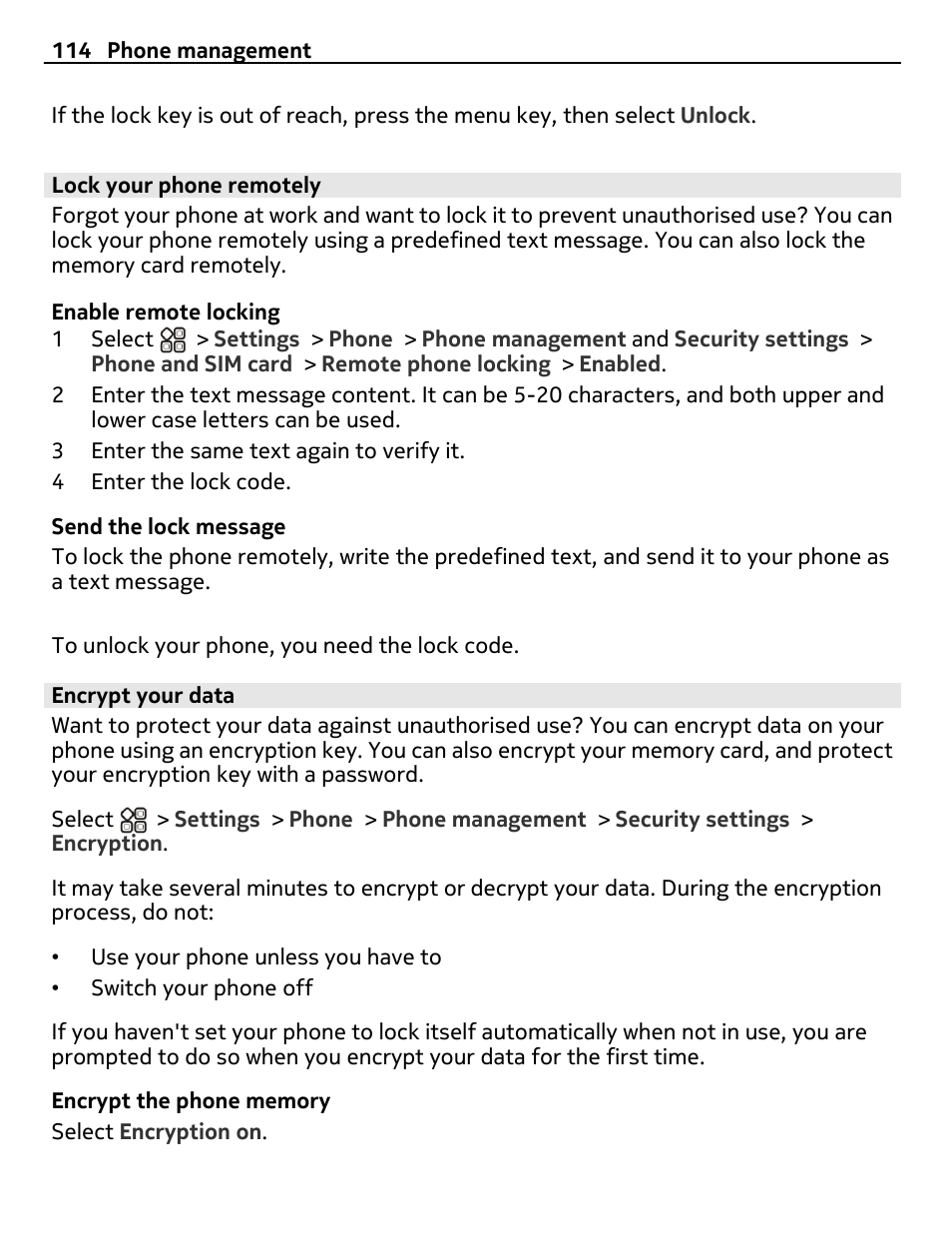 Lock your phone remotely, Encrypt your data | Nokia X7-00 User Manual | Page 114 / 128