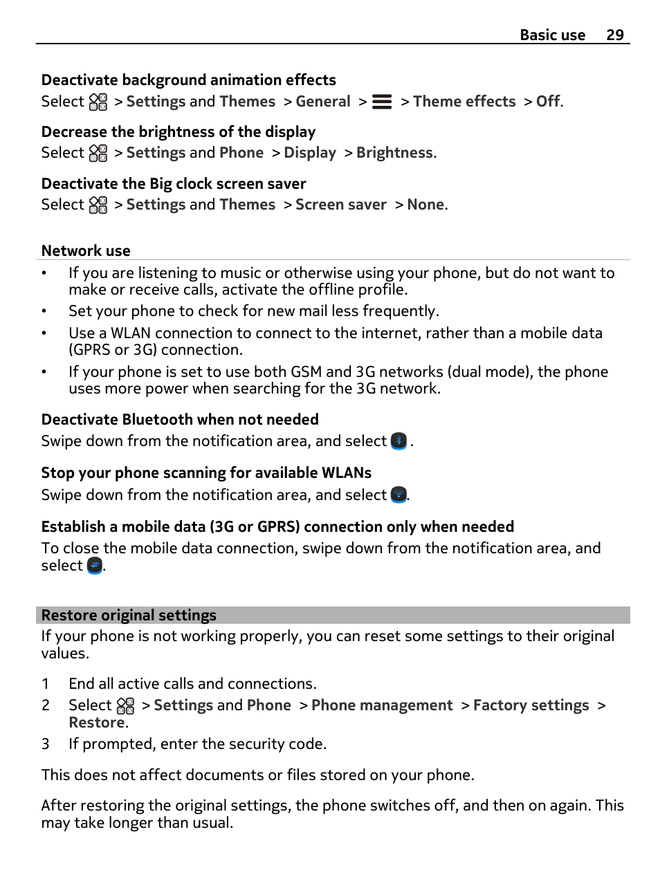 Restore original settings | Nokia X7-00 User Manual | Page 29 / 128