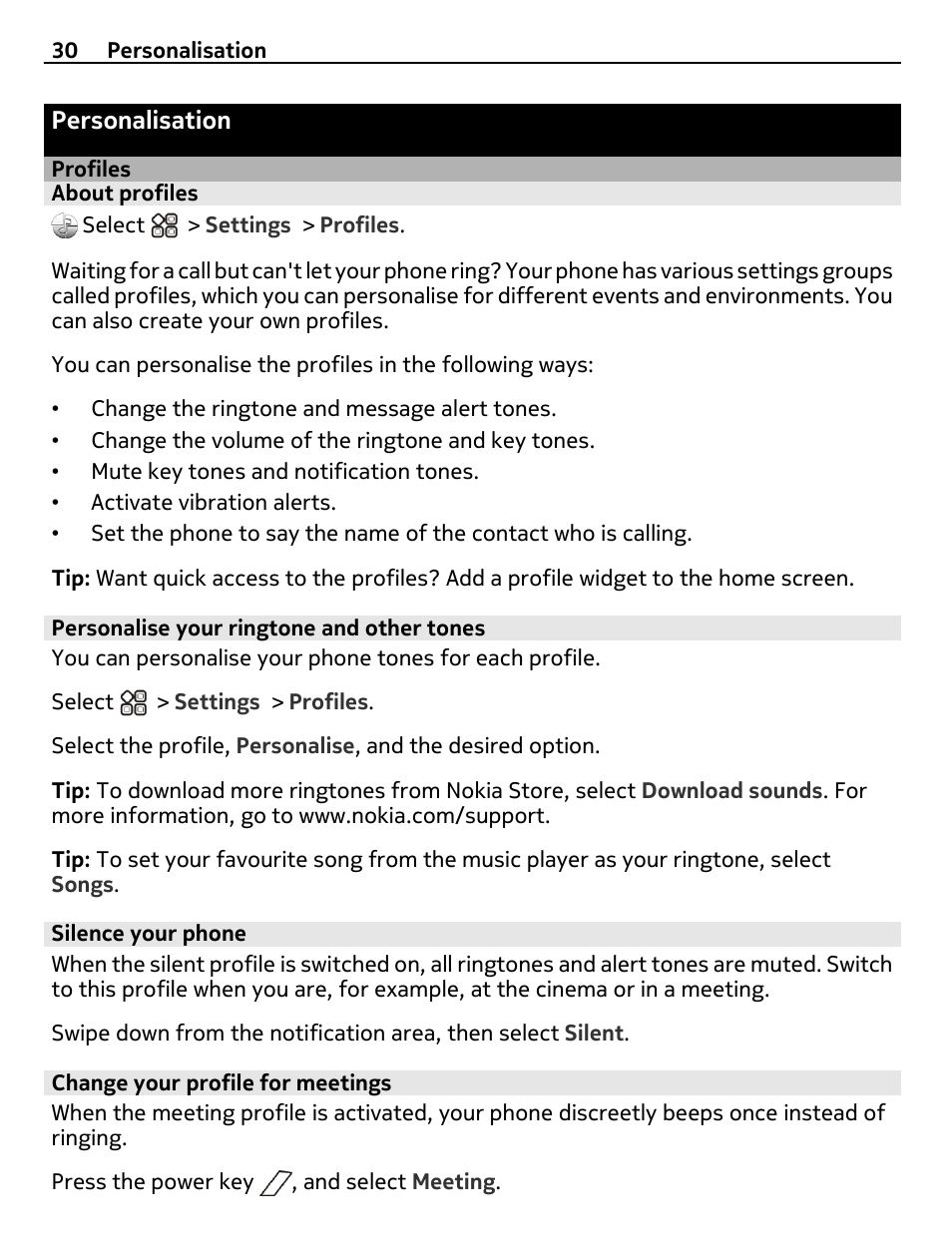Personalisation, Profiles, About profiles | Personalise your ringtone and other tones, Silence your phone, Change your profile for meetings | Nokia X7-00 User Manual | Page 30 / 128