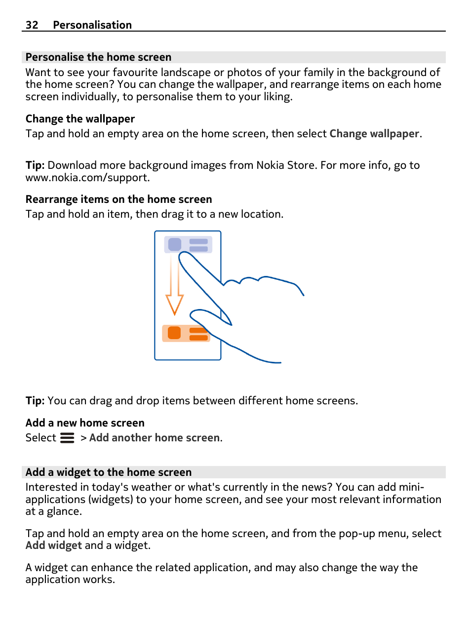 Personalise the home screen, Add a widget to the home screen | Nokia X7-00 User Manual | Page 32 / 128