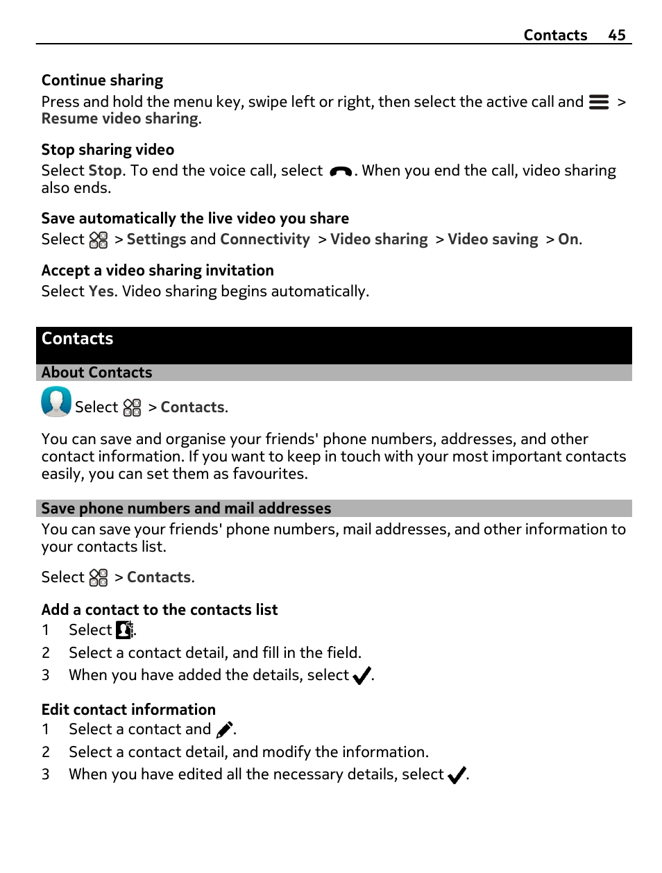 Contacts, About contacts, Save phone numbers and mail addresses | Save phone numbers and mail, Addresses | Nokia X7-00 User Manual | Page 45 / 128