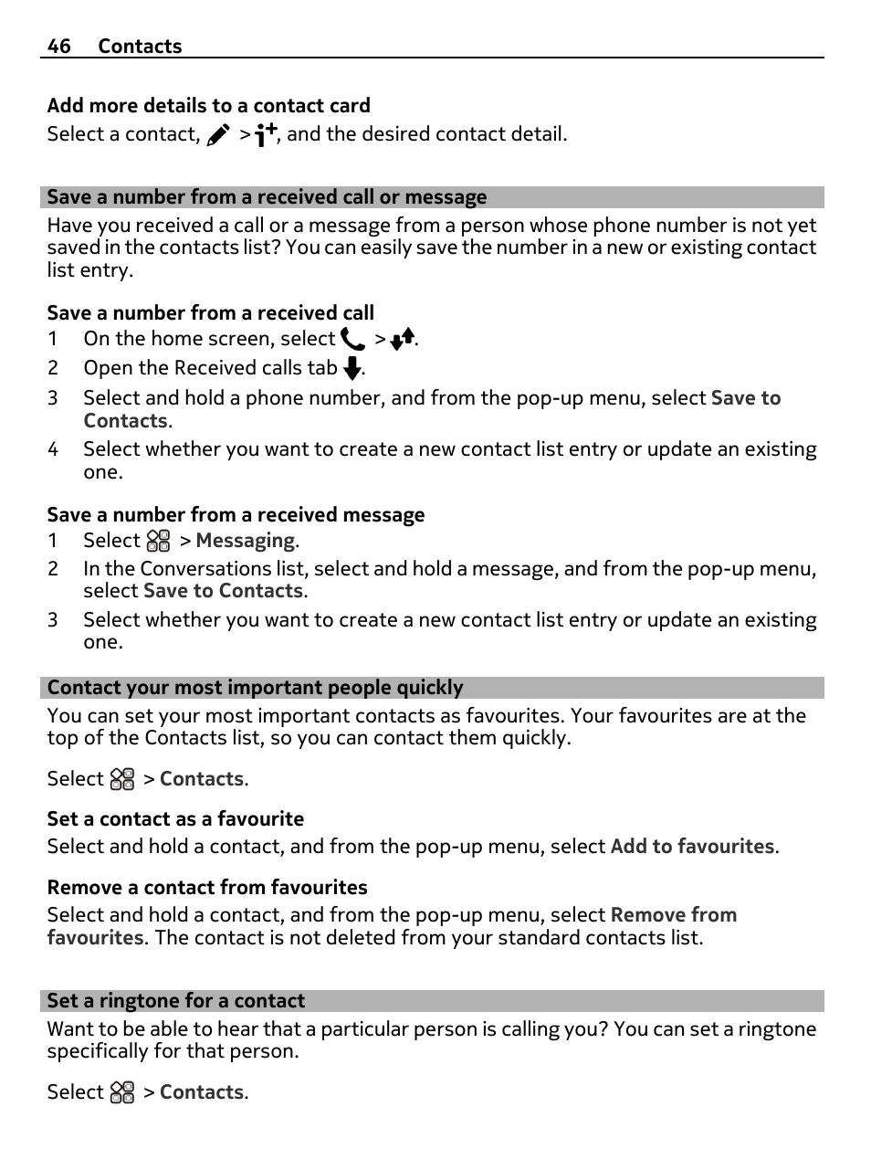 Save a number from a received call or message, Contact your most important people quickly, Set a ringtone for a contact | Save a number from a received call or, Message, Contact your most important people, Quickly | Nokia X7-00 User Manual | Page 46 / 128