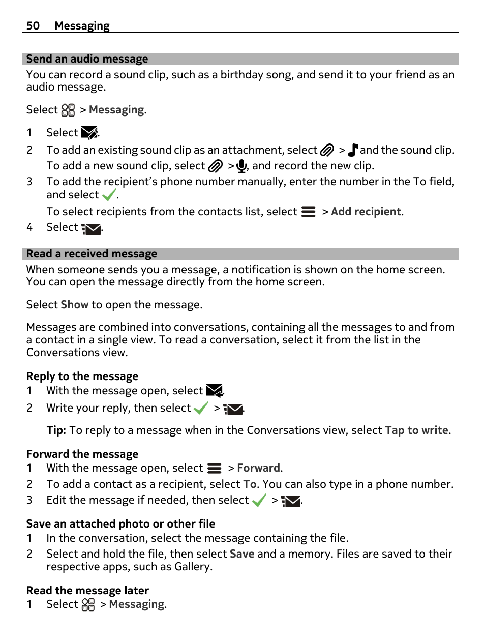 Send an audio message, Read a received message | Nokia X7-00 User Manual | Page 50 / 128
