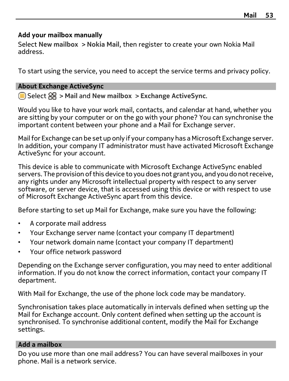 About exchange activesync, Add a mailbox | Nokia X7-00 User Manual | Page 53 / 128
