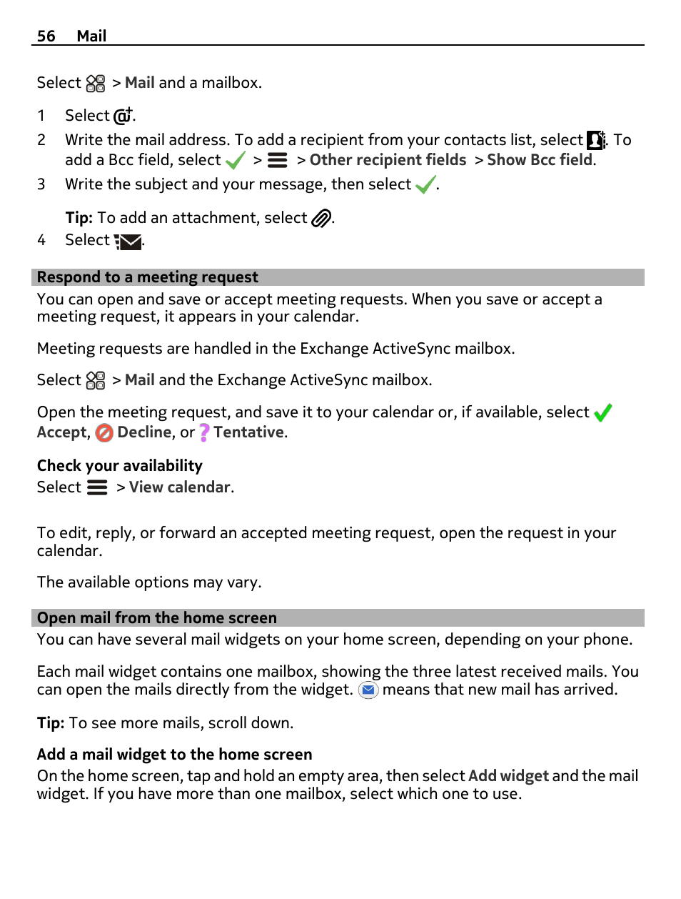 Respond to a meeting request, Open mail from the home screen | Nokia X7-00 User Manual | Page 56 / 128