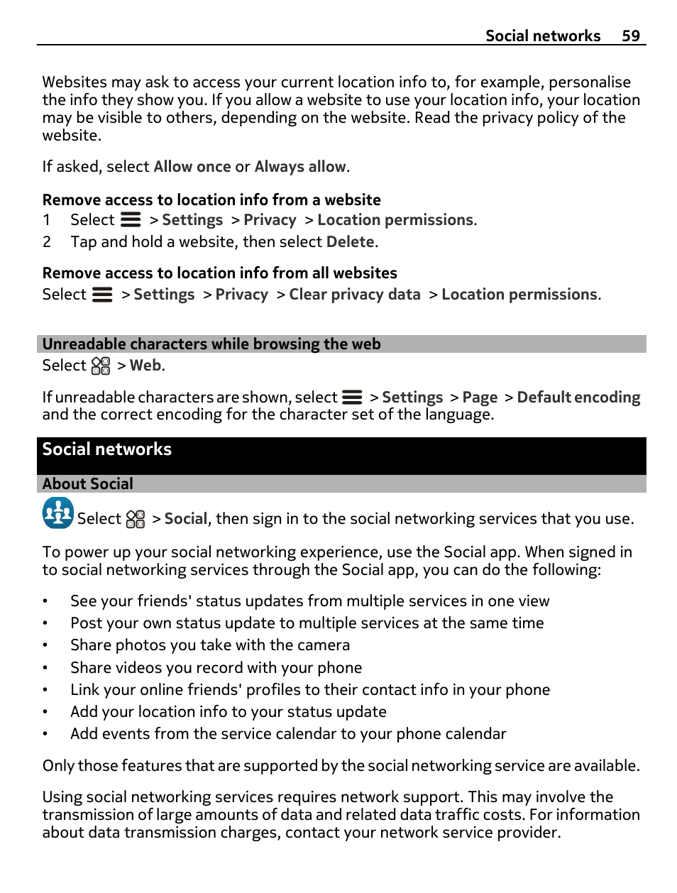 Unreadable characters while browsing the web, Social networks, About social | Unreadable characters while, Browsing the web | Nokia X7-00 User Manual | Page 59 / 128