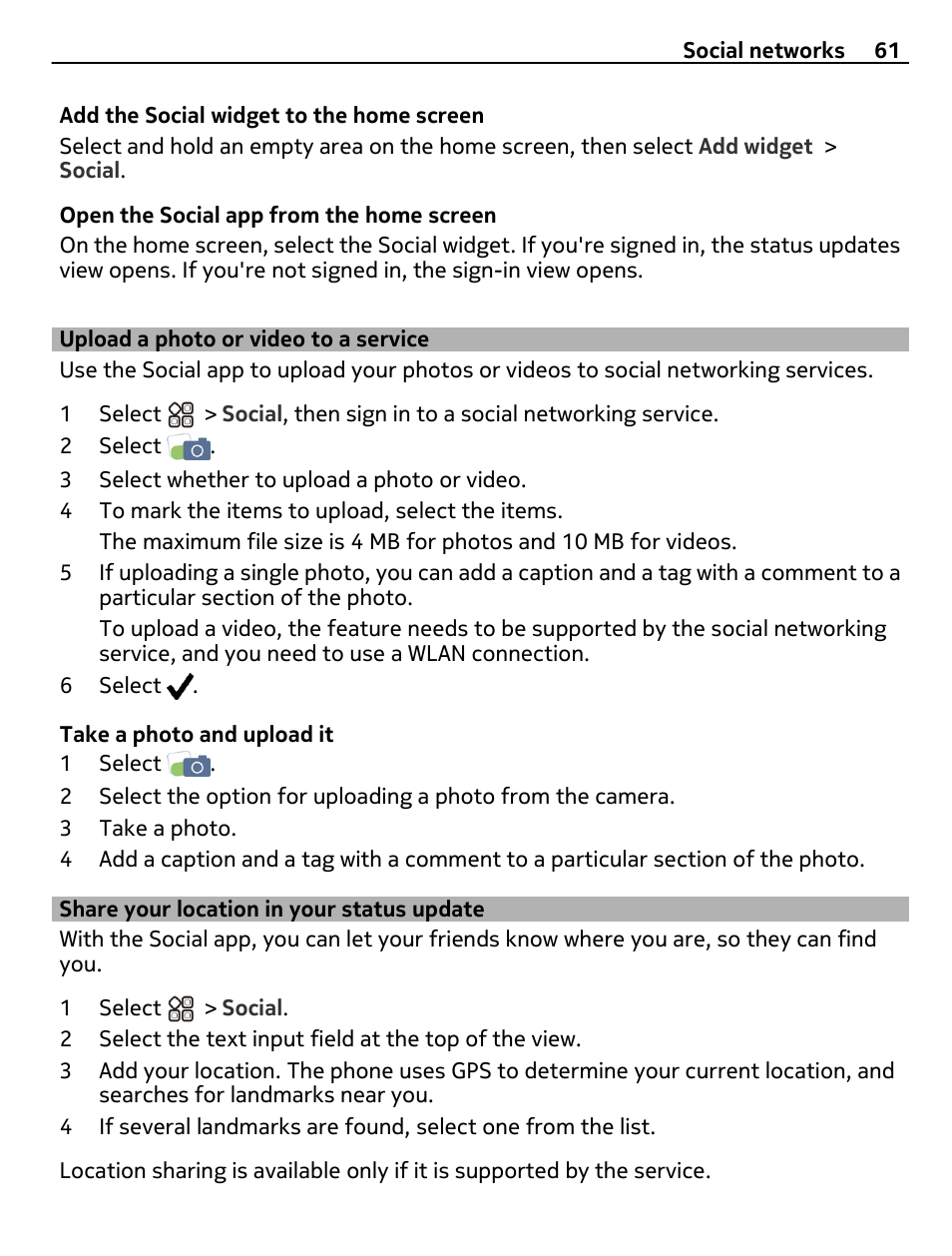 Upload a photo or video to a service, Share your location in your status update, Upload a photo or video to a service 61 | Share your location in your status, Update | Nokia X7-00 User Manual | Page 61 / 128