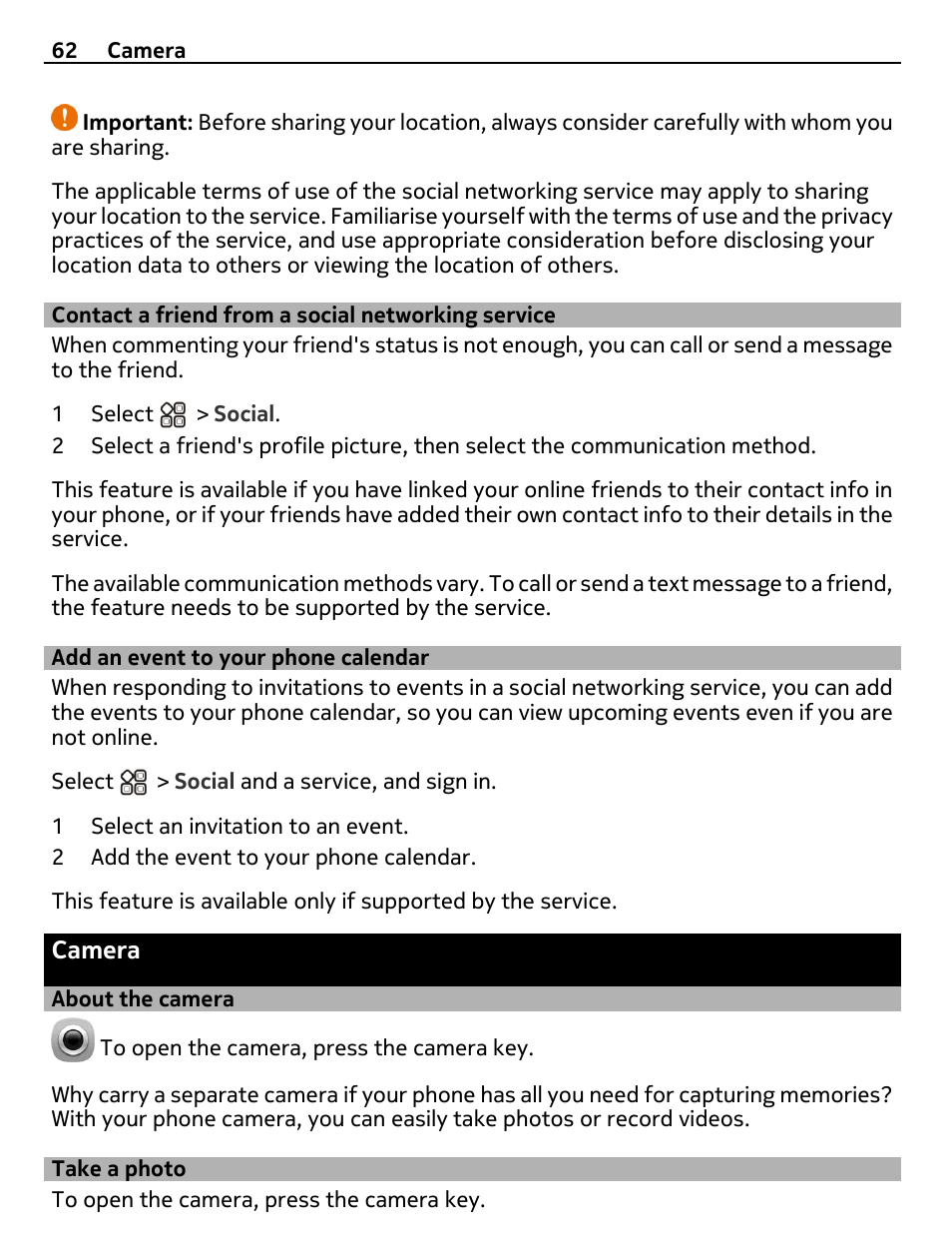 Contact a friend from a social networking service, Add an event to your phone calendar, Camera | About the camera, Take a photo, Contact a friend from a social, Networking service, Add an event to your phone calendar 62 | Nokia X7-00 User Manual | Page 62 / 128