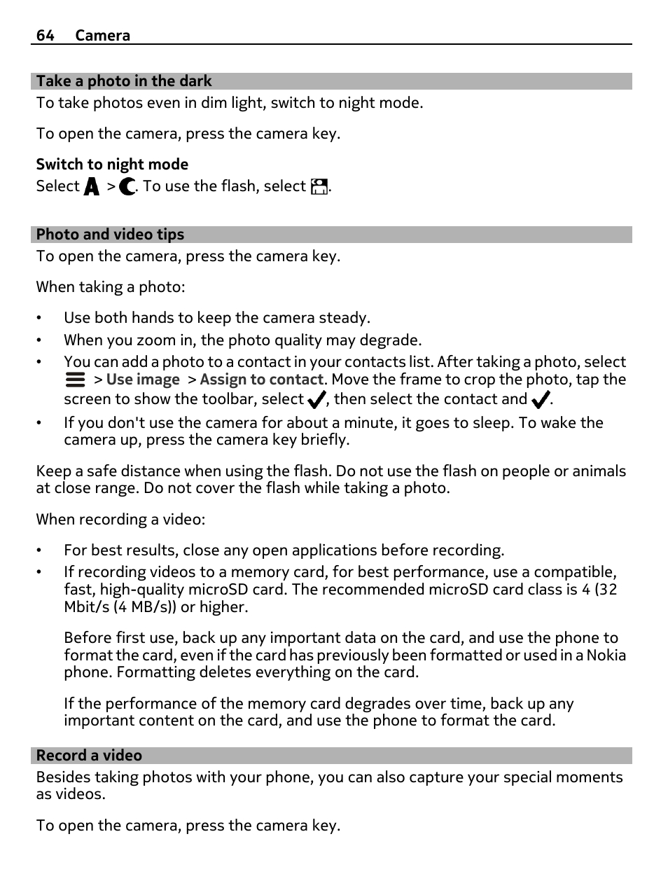 Take a photo in the dark, Photo and video tips, Record a video | Nokia X7-00 User Manual | Page 64 / 128