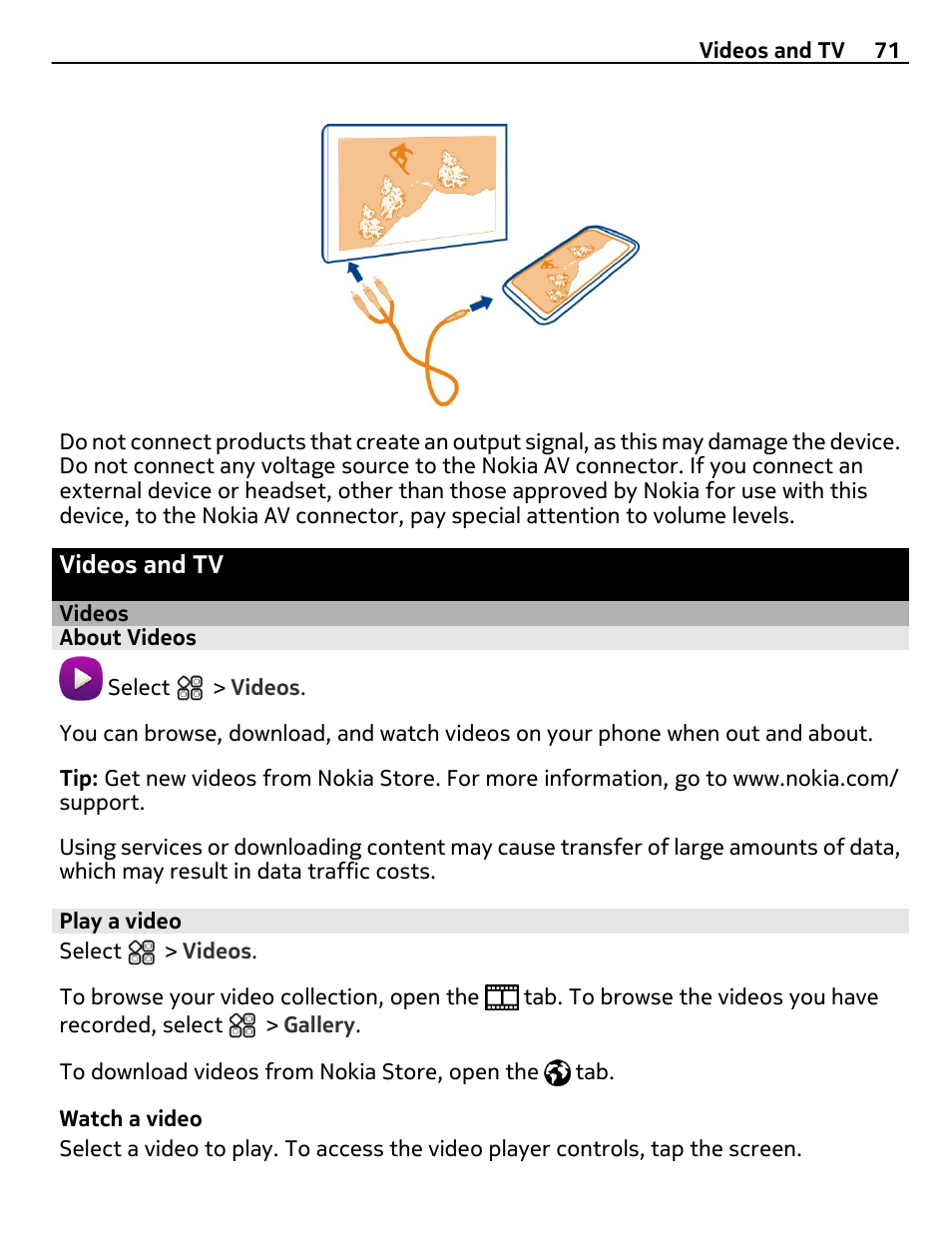 Videos and tv, Videos, About videos | Play a video | Nokia X7-00 User Manual | Page 71 / 128
