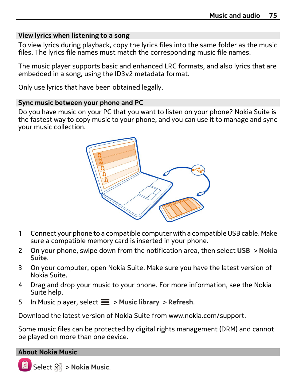 View lyrics when listening to a song, Sync music between your phone and pc, About nokia music | Nokia X7-00 User Manual | Page 75 / 128