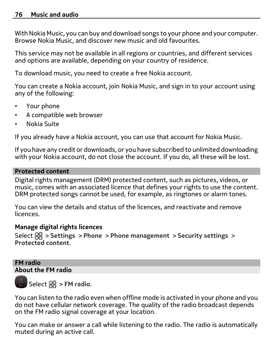 Protected content, Fm radio, About the fm radio | Nokia X7-00 User Manual | Page 76 / 128
