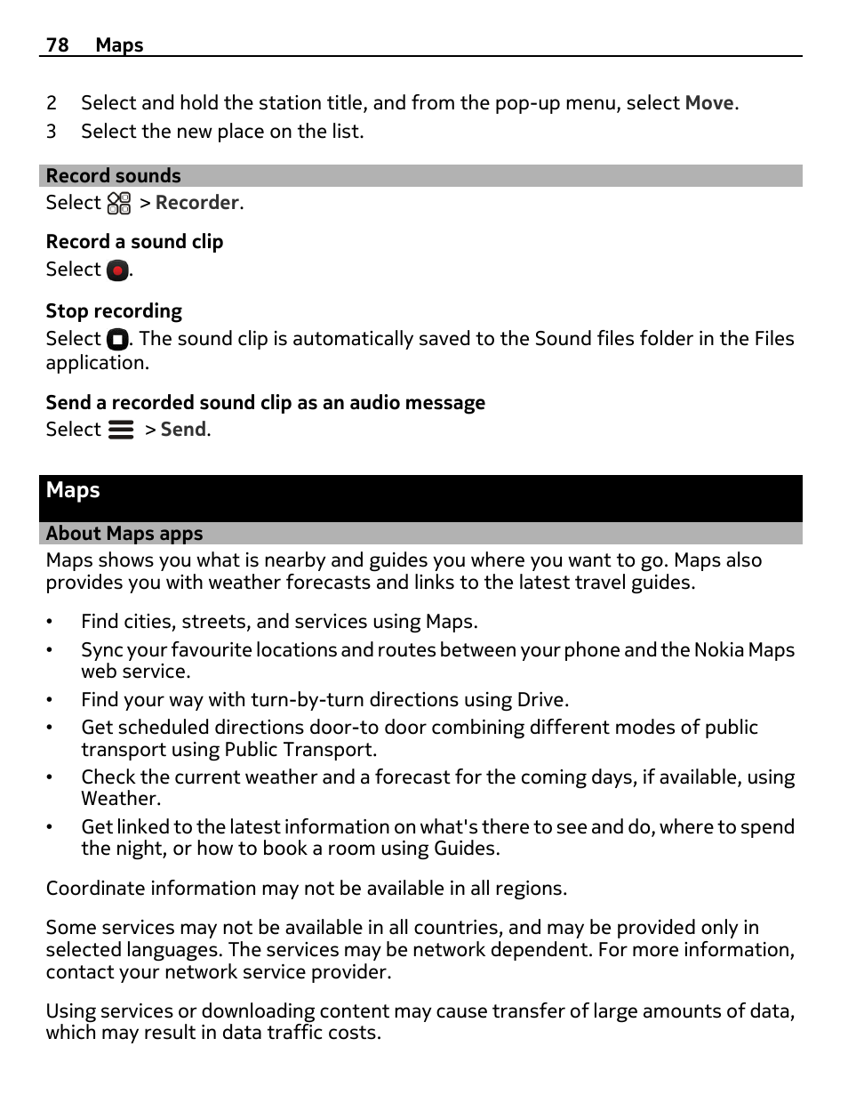 Record sounds, Maps, About maps apps | Nokia X7-00 User Manual | Page 78 / 128