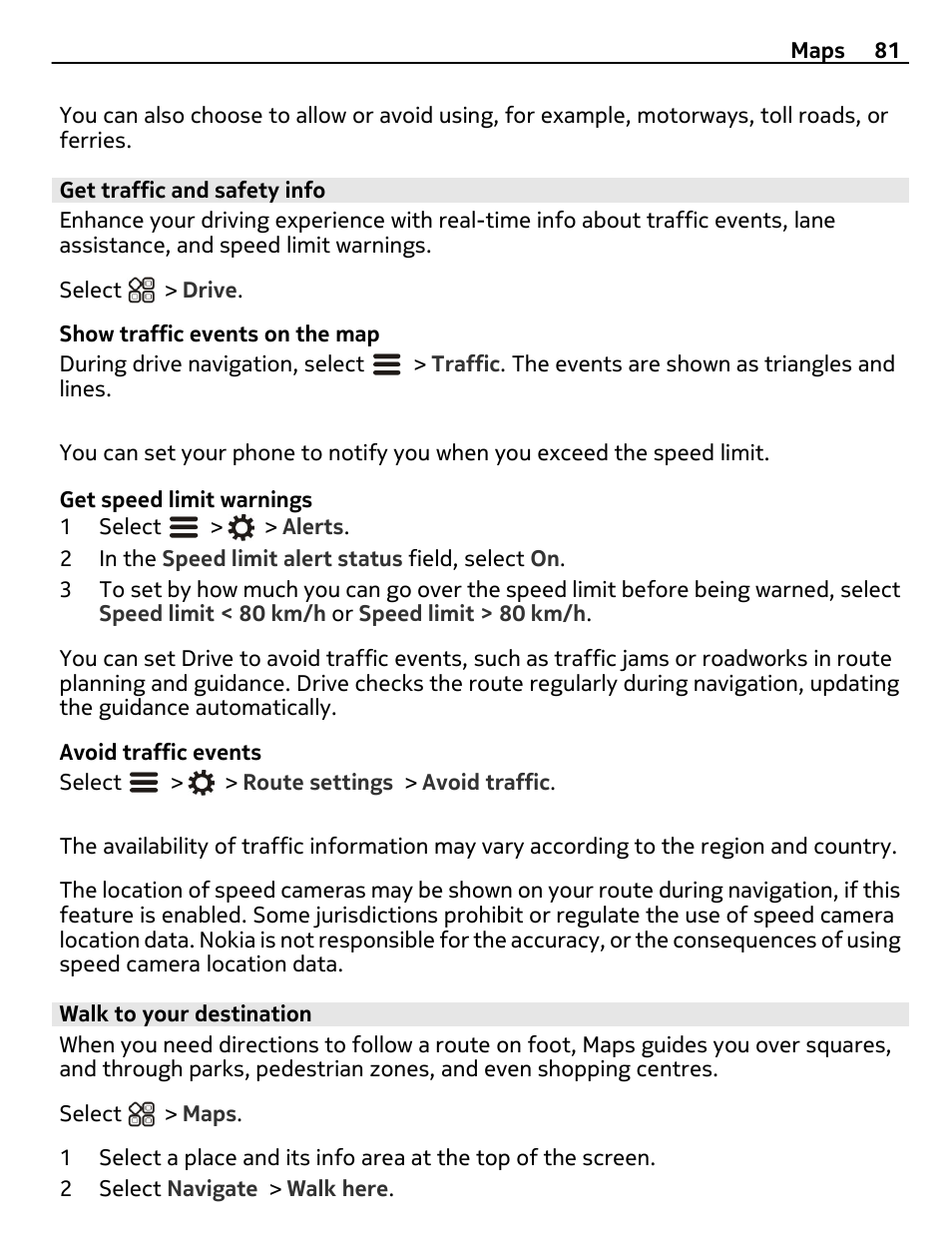Get traffic and safety info, Walk to your destination | Nokia X7-00 User Manual | Page 81 / 128