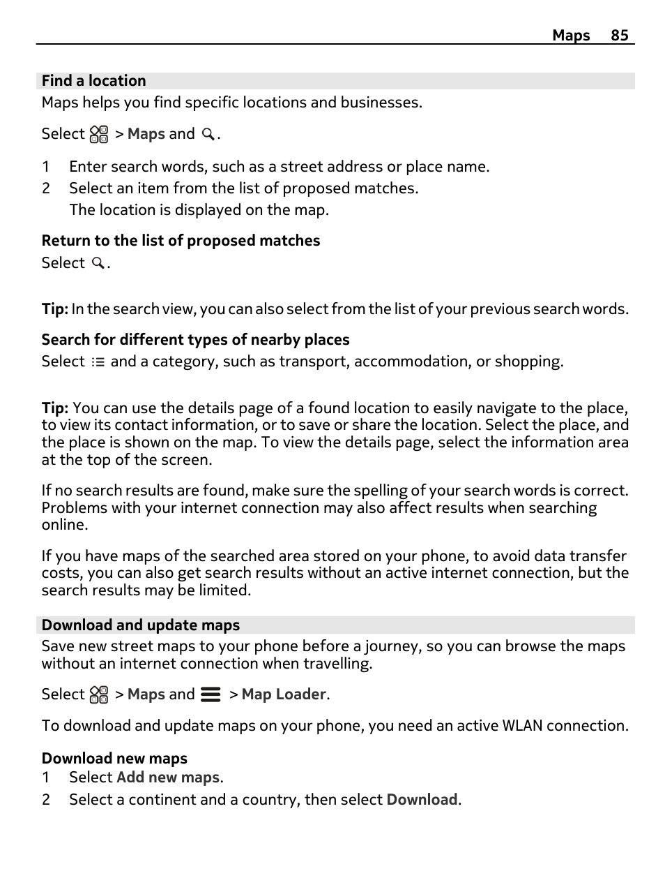 Find a location, Download and update maps | Nokia X7-00 User Manual | Page 85 / 128