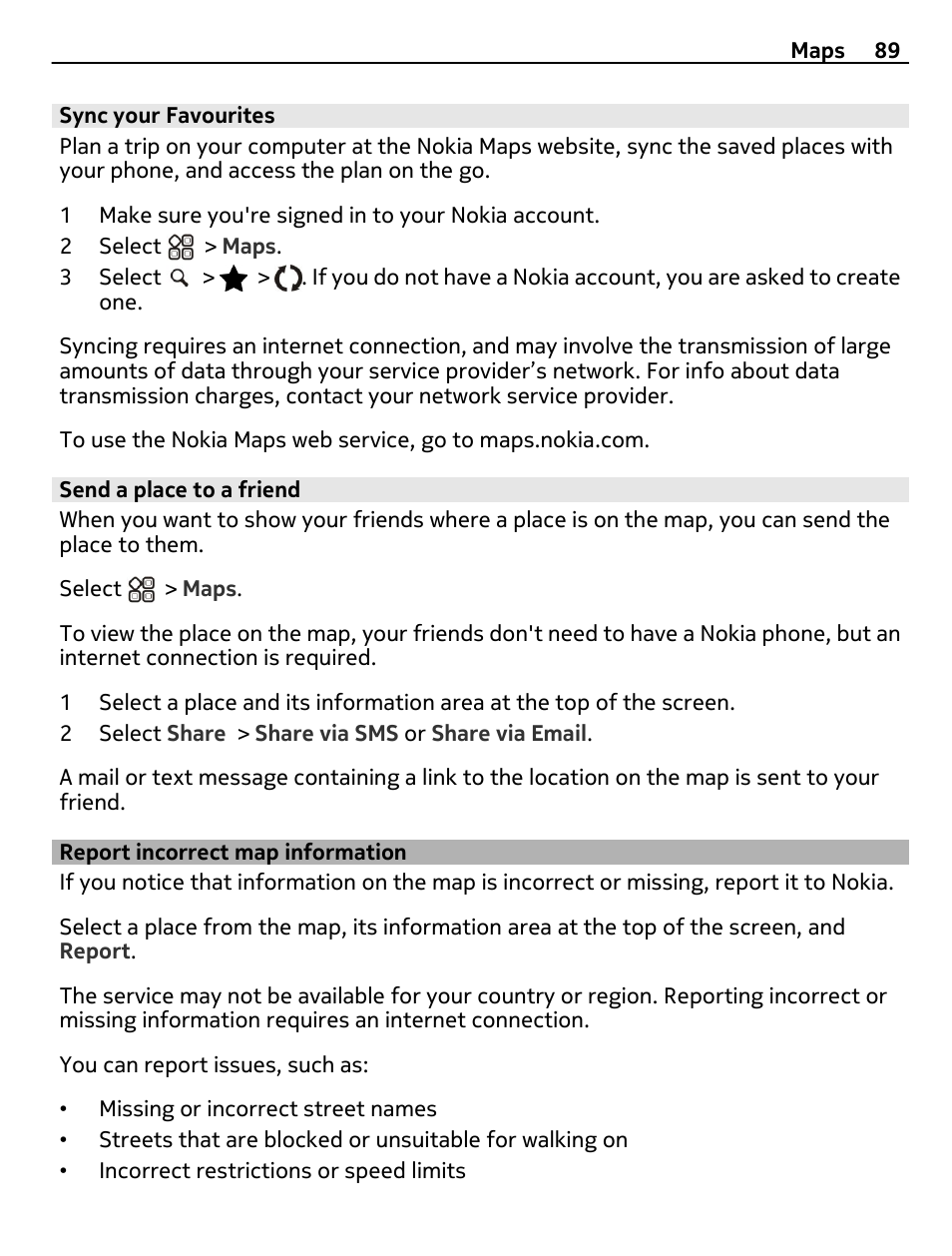 Sync your favourites, Send a place to a friend, Report incorrect map information | Nokia X7-00 User Manual | Page 89 / 128