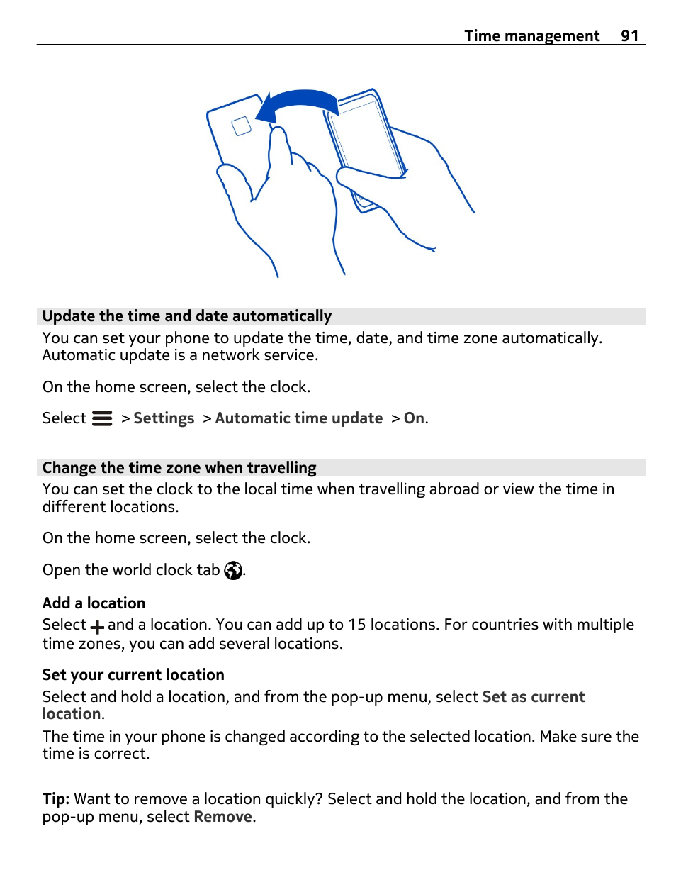 Update the time and date automatically, Change the time zone when travelling | Nokia X7-00 User Manual | Page 91 / 128