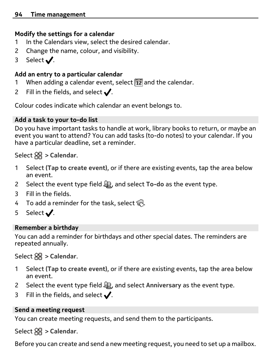 Add a task to your to-do list, Remember a birthday, Send a meeting request | Nokia X7-00 User Manual | Page 94 / 128