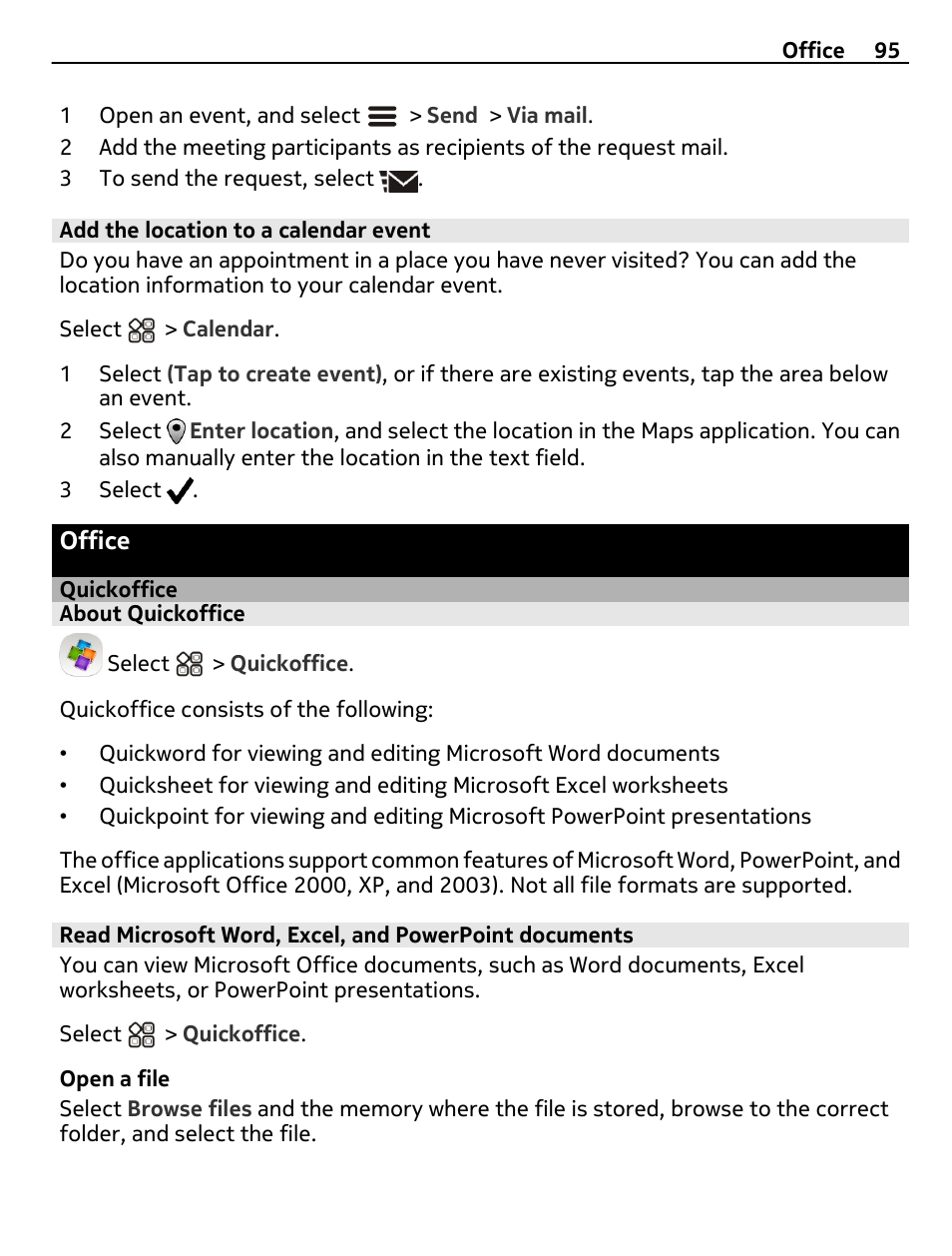 Add the location to a calendar event, Office, Quickoffice | About quickoffice | Nokia X7-00 User Manual | Page 95 / 128