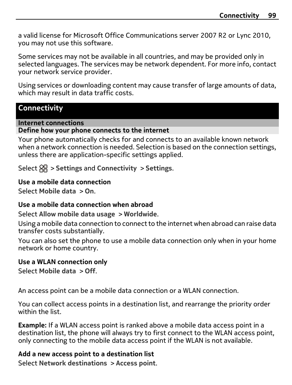 Connectivity, Internet connections, Define how your phone connects to the internet | Nokia X7-00 User Manual | Page 99 / 128