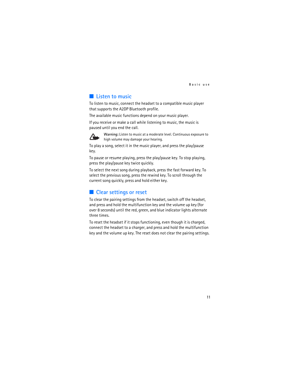 Listen to music, Clear settings or reset, Listen to music clear settings or reset | Nokia BH-504 User Manual | Page 11 / 14