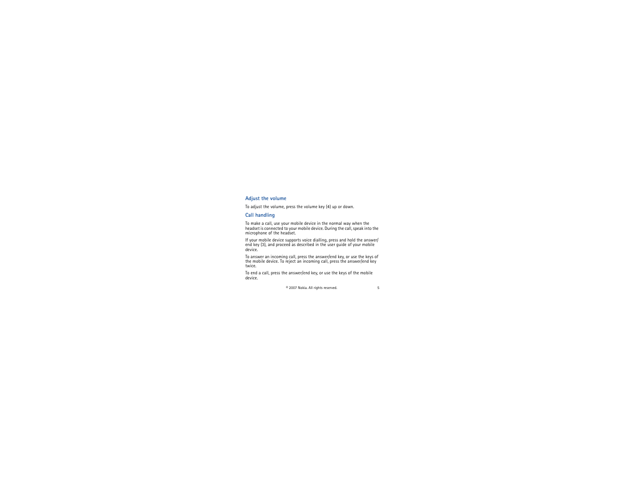 Adjust the volume, Call handling | Nokia HS-82 User Manual | Page 5 / 8