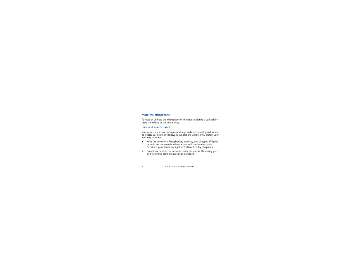 Mute the microphone, Care and maintenance | Nokia HS-82 User Manual | Page 6 / 8