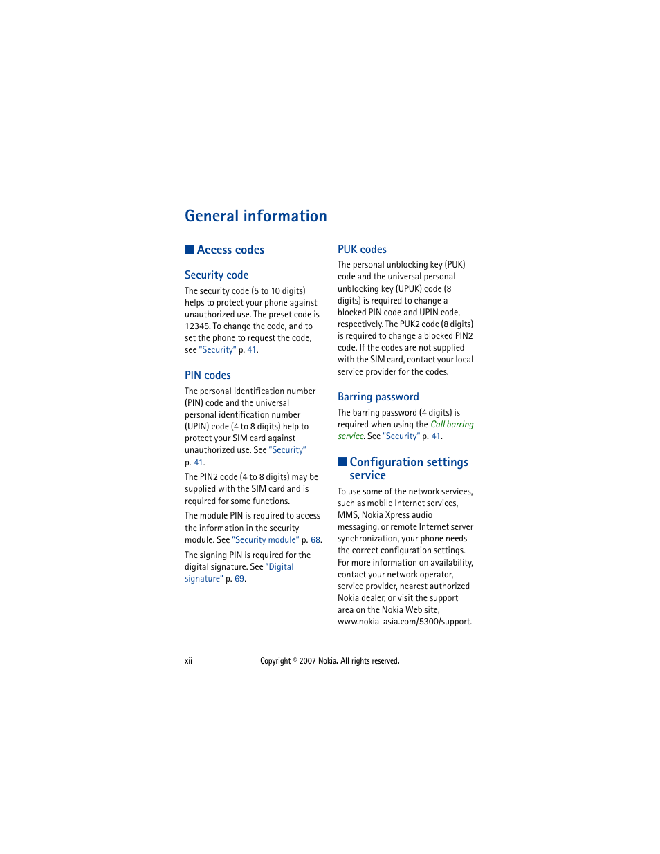 General information, Access codes, Security code | Pin codes, Puk codes, Barring password, Configuration settings service, General information ................. xii, Configuration settings service .... xii | Nokia 5300  EN User Manual | Page 13 / 101
