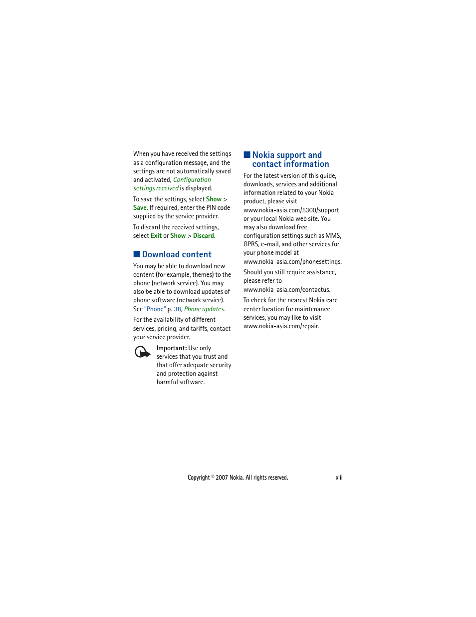 Download content, Nokia support and contact information | Nokia 5300  EN User Manual | Page 14 / 101