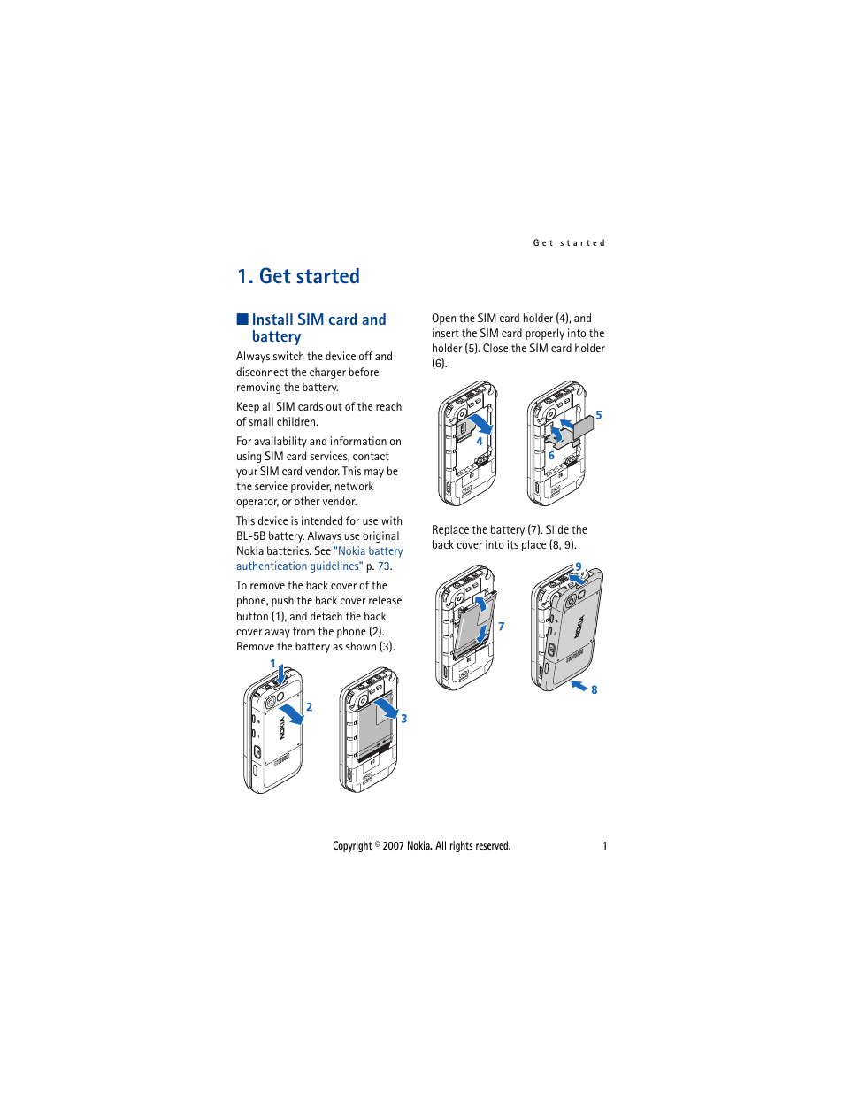 Get started, Install sim card and battery | Nokia 5300  EN User Manual | Page 16 / 101