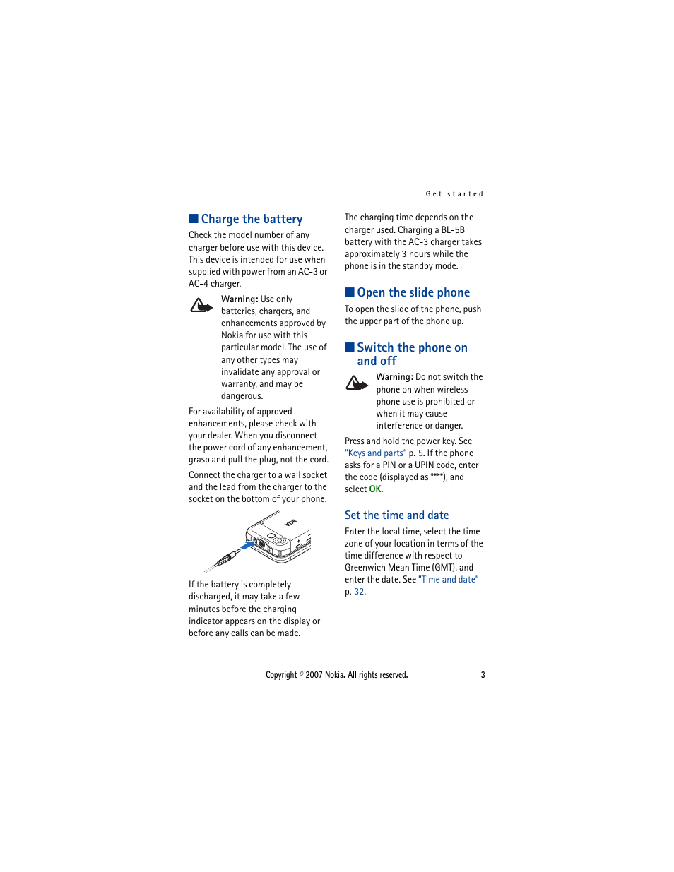 Charge the battery, Open the slide phone, Switch the phone on and off | Set the time and date | Nokia 5300  EN User Manual | Page 18 / 101