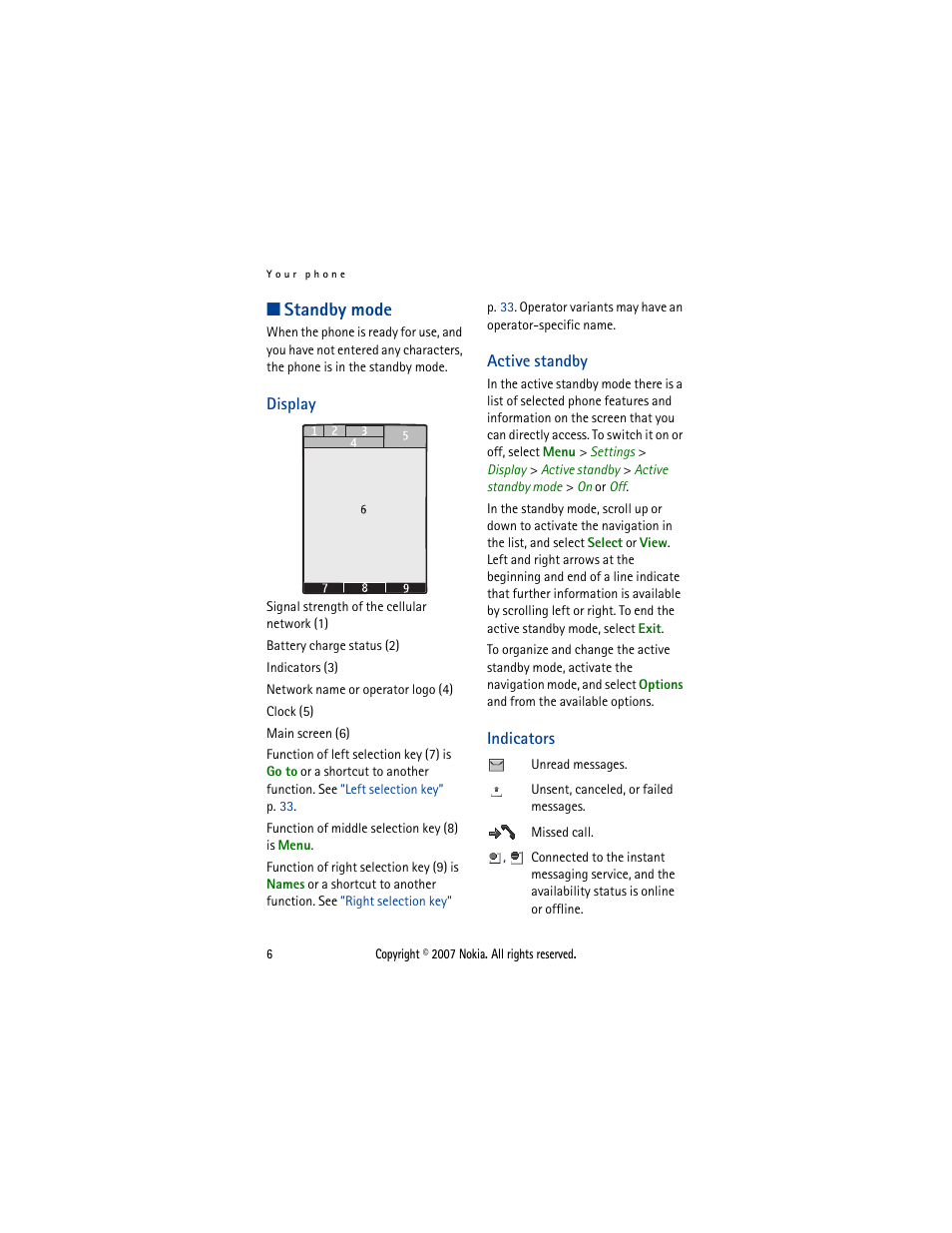 Standby mode, Display, Active standby | Indicators, Display active standby | Nokia 5300  EN User Manual | Page 21 / 101
