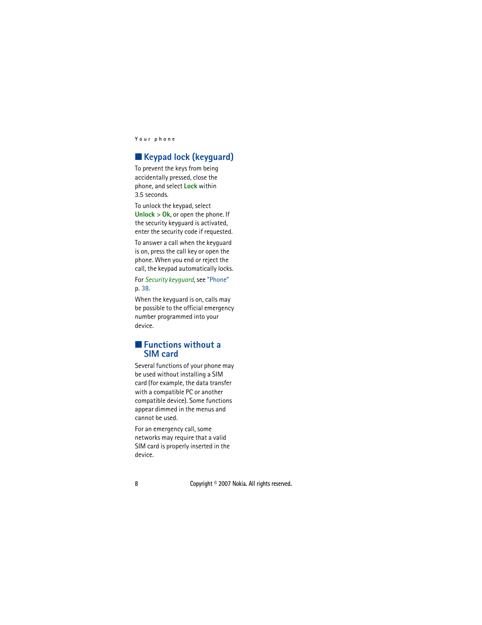 Keypad lock (keyguard), Functions without a sim card | Nokia 5300  EN User Manual | Page 23 / 101