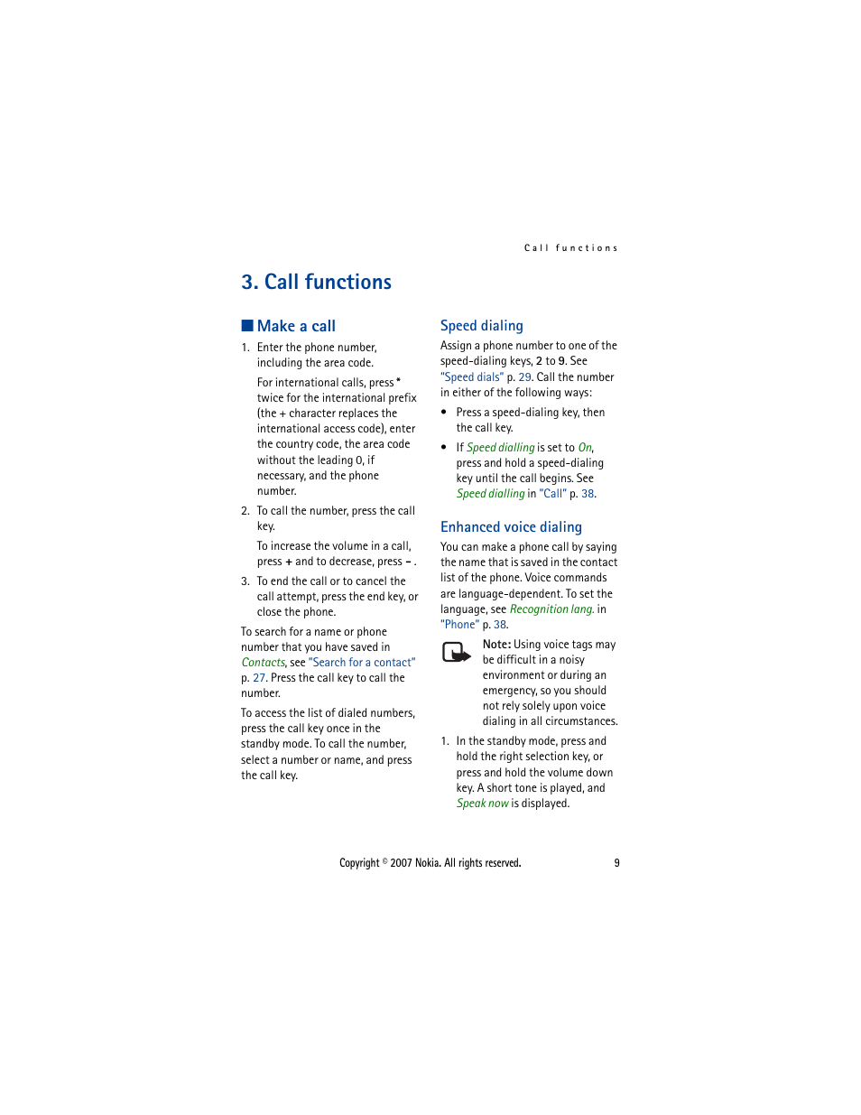 Call functions, Make a call, Speed dialing | Enhanced voice dialing, Speed dialing enhanced voice dialing | Nokia 5300  EN User Manual | Page 24 / 101